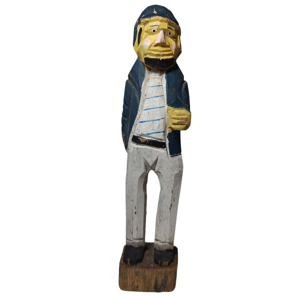 Wood Carved Fisherman Figurine Primitive Hand Made Vintage Nautical Statue SEE